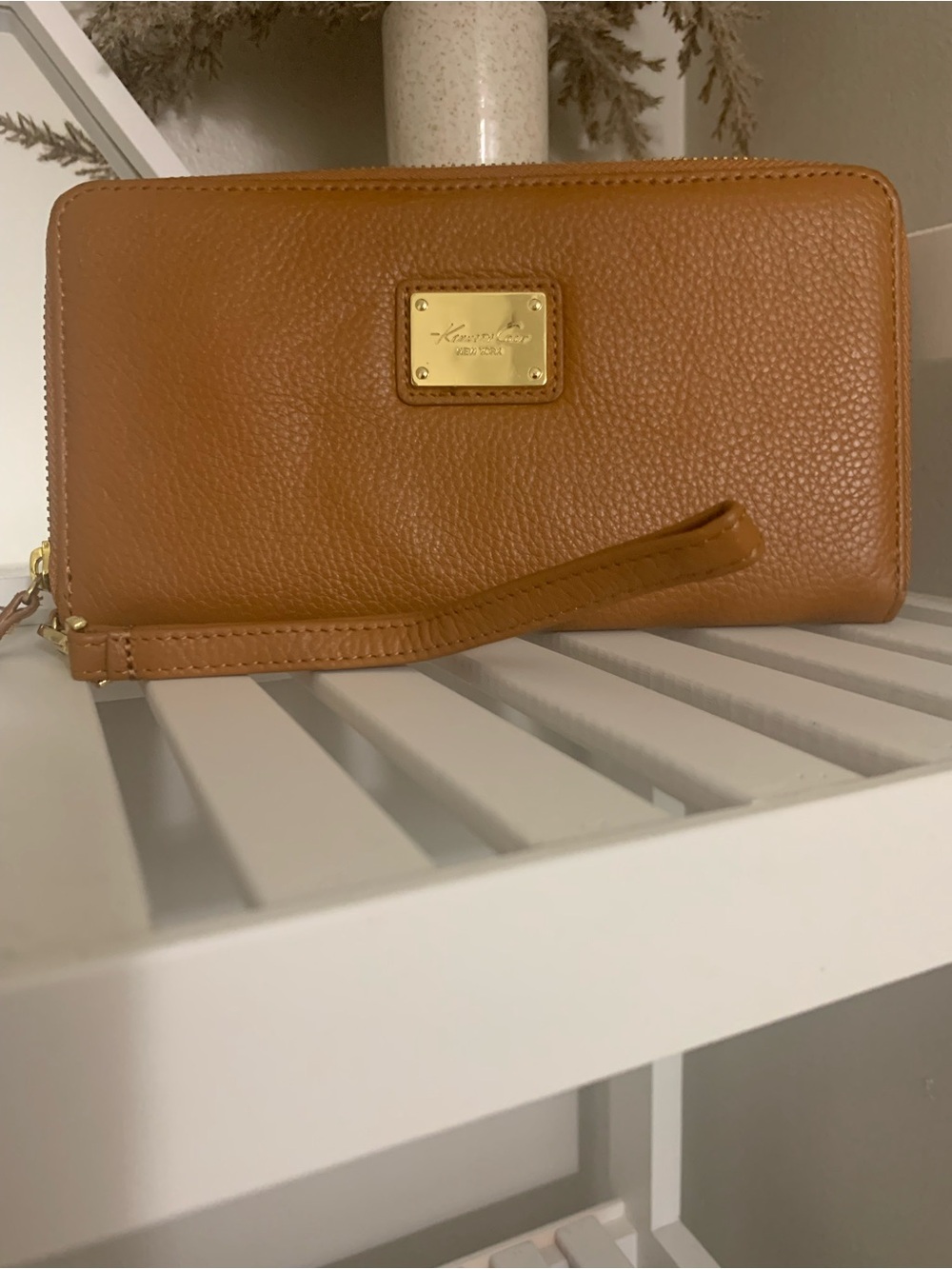 Kenneth Cole Tan Leather Zip-Around Wristlet with Gold Plaque